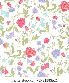La Imagen muestra un patrón floral sin costuras que está disponible tanto en tela como en Fondo de pantalla.