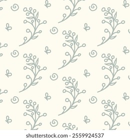 The image displays a seamless pattern of delicate, stylized branches with small leaves and spirals, interspersed with tiny butterflies, all in a soft gray color on a light background.