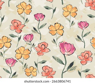 La Imagen muestra un patrón sin fisuras con delicadas flores dibujadas a mano en tonos de rosa, naranja y amarillo sobre un fondo claro y texturizado.