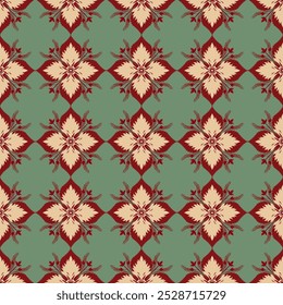 The image displays a seamless pattern of stylized flowers with intricate details, predominantly in shades of green, red, and cream.