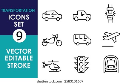 The image displays a set of 9 black outline transportation icons, including cars, a motorcycle, a bus, airplane, helicopter, traffic light, and train, with editable strokes