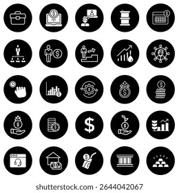 A imagem mostra um conjunto de ícones em preto-e-branco que parecem estar relacionados a finanças, investimento e negócios