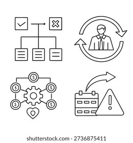 The image displays a set of black-and-white line icons symbolizing various business and technological concepts, including process management, network connections, and error notifications. high-quality professional detailed modern