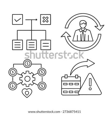 The image displays a set of black-and-white line icons symbolizing various business and technological concepts, including process management, network connections, and error notifications. high-quality professional detailed modern