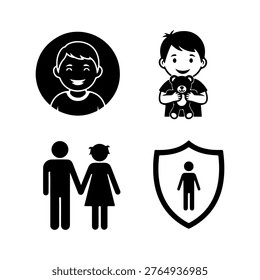 The image displays a set of four black and white icons. The first icon shows a silhouette of a person with a head outlined in a circle, possibly representing an individual. The second icon depicts a man and a woman holding hands, symbolizing a couple or family unit. The third icon shows a child figure, suggesting youth or children. The fourth icon features a shield with a person inside, symbolizing protection or security. These icons collectively emphasize themes of family, individuality, and protection.