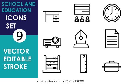 The image displays a set of nine school and education-related icons, including a desk, blackboard, clock, projector, fountain pen, document, abacus, ruler, and lunchbox