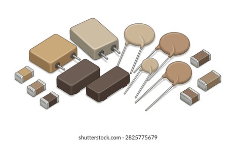 The image displays a set of rectangular electronic components placed on a plain white background. The components vary in size and color, ranging from light tan to dark brown, and several feature metallic pins extending from their sides. The view is a slightly angled top-down perspective that highlights the smooth, glossy surfaces and subtle shadows around each block.