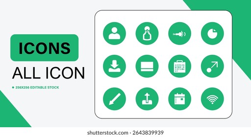 A imagem exibe um conjunto de doze ícones verdes circulares, cada um contendo um símbolo branco exclusivo representando diferentes funções ou aplicativos.