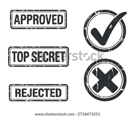The image displays several black and white stamps indicating approval top secret clearance and rejection showcasing varied status symbols high quality