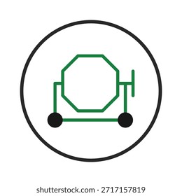 La Imagen muestra un dibujo de línea simple y verde de una mezcladora de cemento sobre un fondo blanco. Un círculo negro enmarca la ilustración. La obra de arte es conveniente para cualquier diseño relacionado con el trabajo de construcción o