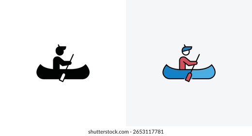 A imagem mostra um único ícone de canoa com uma pessoa remando; o ícone tem uma silhueta preta e uma variante colorida com camisa vermelha, barco azul, em um fundo claro.