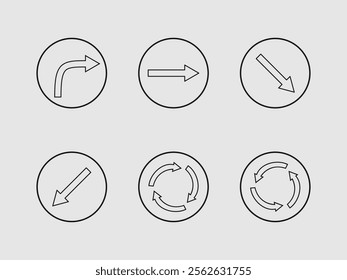 The image displays six different arrow icons placed within thin black circles against a light gray background