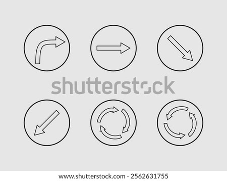 The image displays six different arrow icons placed within thin black circles against a light gray background