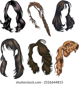 The image displays six different hairstyles for women. The picture is set against a white background with no other details. The image is simple and straightforward. 