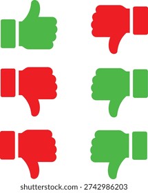 The image displays six hand-drawn thumbs icons arranged in a 3x2 grid. The thumbs up and thumbs down gestures are shown in alternating green and red colors, representing positive and negative feedback or opinions. The thumbs up icons are 