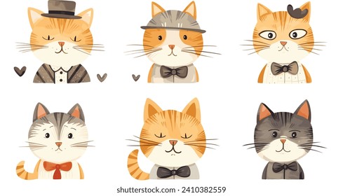 The image displays six stylish cats with various hats and bows in a vector illustration.