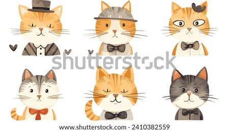 The image displays six stylish cats with various hats and bows in a vector illustration.