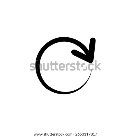 Image displays a sleek black arrow forming a full circle, aimed rightwards, set against a clean white backdrop, often representing refresh, reload, or redo action.