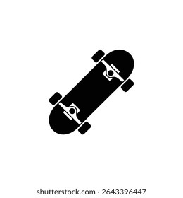 The image displays a sleek, black skateboard icon on a white backdrop, detailing the deck, wheels and trucks. Ideal for graphic design projects and sports themes.