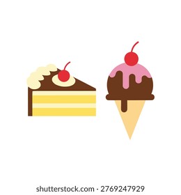 The image displays a slice of layered cake with a chocolate topping and a cherry garnish on the left side, alongside a scoop of ice cream in a waffle cone topped with chocolate sauce and a cherry on the right side.