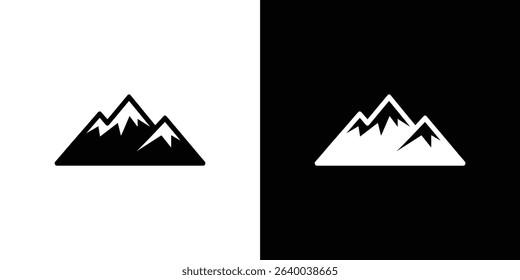 The image displays a split screen design with two mountain silhouettes in contrasting colors and backgrounds. One side features a black mountain on a white background; the other reverses it.