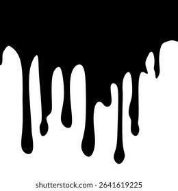 The image displays a stark black and white graphic. Black liquid drips downwards from the top, creating irregular, elongated shapes against a white background. The overall impression is one of a styli