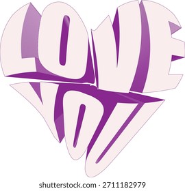 Das Bild zeigt stilisierten 3D-Text Rechtschreibung "LIEBE DICH", die kreativ angeordnet ist, um die Silhouette eines Herzens zu bilden. Die Buchstaben sind hellrosa mit lebendigen violetten Umrissen und scheinen Tiefe zu haben