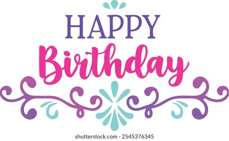 The image displays a stylized Happy Birthday message in pink and purple lettering with decorative floral accents in blue and purple.