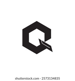 The image displays a stylized letter "Q" enclosed within a hexagonal shape. The design is composed of a dark blue hue, creating a sense of solidity and strength.