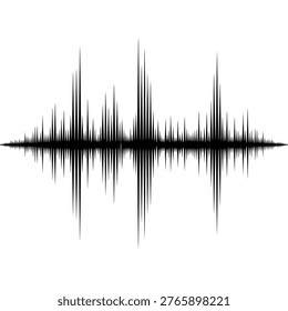 The image displays a symmetric digital audio waveform plotted against a clean white background, showcasing vertical spikes of varying intensities that represent sound signal amplitude over time, commonly used in audio editing software, music production, and sound analysis applications to visualize frequency and volume dynamics.
