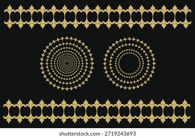 La Imagen muestra patrones decorativos simétricos en un color dorado sobre un fondo negro. El diseño presenta dos bordes Horizontales con motivos de flor de lis y diamantes que se repiten. Entre los bordes se encuentran dos patrones circulares de estilo mandala compuestos por anillos concéntricos de Elementos Pequeños en forma de estrella; un círculo es un diseño sólido y relleno, mientras que el otro es un contorno.