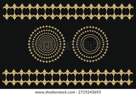 The image displays symmetrical, decorative patterns in a gold color against a black background. The design features two horizontal borders with repeating fleur-de-lis and diamond motifs. Centered between the borders are two circular, mandala-style patterns composed of concentric rings of small, star-shaped elements; one circle is a solid, filled design, while the other is an outline.
