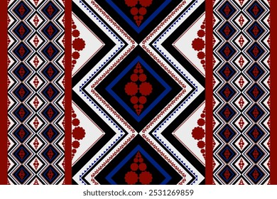 The image displays a symmetrical, geometric pattern characterized by a vibrant color palette. The predominant colors are black, white, red, and blue, arranged in a repetitive.