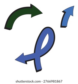 The image displays three arrows in different orientations. One arrow curves clockwise, another forms a looped shape, and the third points straight upward. The arrows vary in thickness and shading, with the looped arrow being the thickest and having a gradient effect. The design suggests concepts related to movement, direction, and cyclical processes.