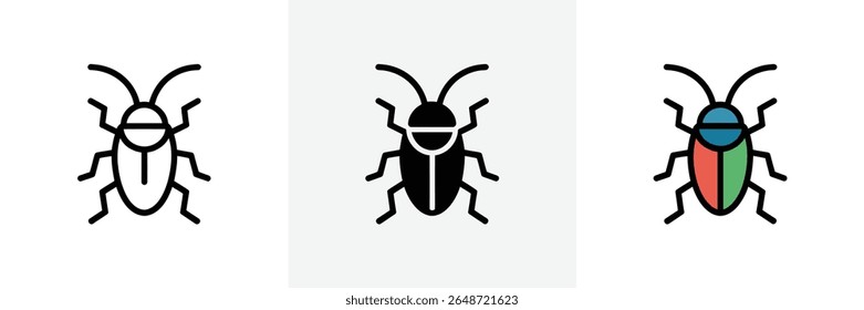 Image displays three beetle icons differing in style, showcasing line work, solid silhouette, and vibrant coloration against a bright backdrop, highlighting various approaches to beetle representation
