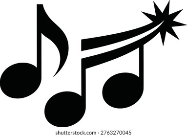 The image displays three black musical notes in ascending order, connected by a curved stem. The final note is extended with a series of horizontal lines and ends in a starburst, symbolizing a crescendo or a dramatic increase in volume or intensity in music.