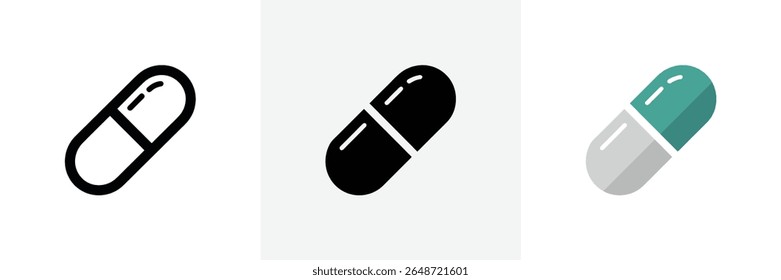 Image displays three capsule icons with varying styles outline, solid black, and teal plus gray, conveying medicine, healthcare, and treatment on a clean white backdrop.