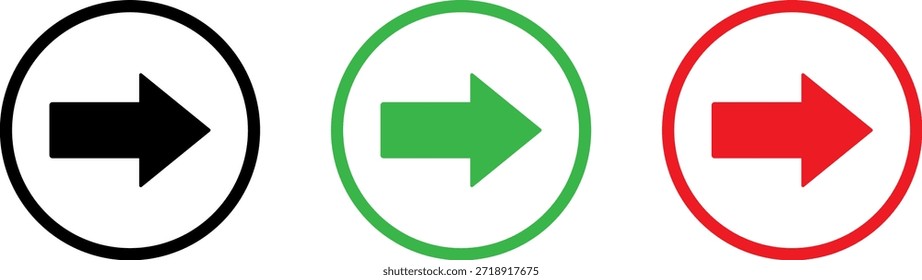 La Imagen muestra tres flechas circulares, cada una con un color diferente: negro, verde y rojo. Las flechas apuntan a la derecha y están dispuestas en una línea Horizontal. Cada flecha está centrada dentro de su círculo respectivo.