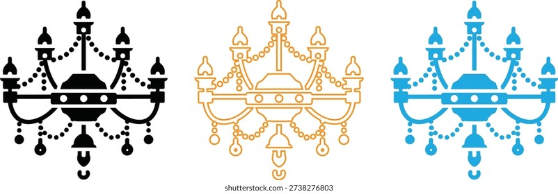 The image displays three distinct chandelier designs, each with unique patterns and color schemes. The first is a classic black chandelier with intricate detailing, the second features a golden, ornate design with a floral motif, and the third is a blue-tinted chandelier with a modern, symmetrical structure. These designs highlight the diversity in chandelier aesthetics, ranging from traditional to contemporary.