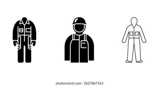 Image displays three distinct uniform styles a dark coverall with stripes, a dark dungaree and hardhat, and a light coverall with square pockets, all on a white background.