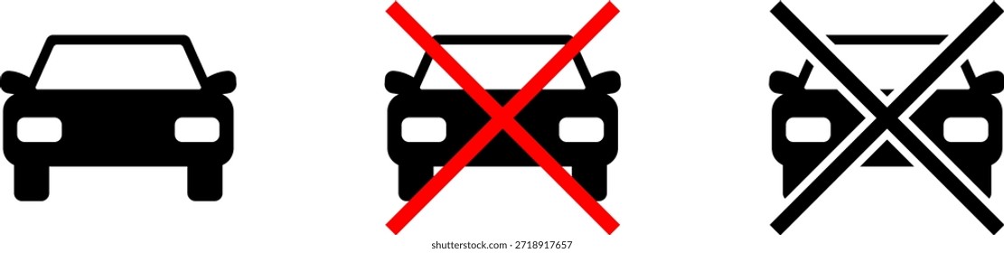 The image displays three traffic signs. The first sign shows a car, indicating that vehicles are allowed. The second sign shows a car with a red cross over it, indicating that vehicles are prohibited. The third sign shows a car with a diagonal red line over it, also indicating that vehicles are prohibited.