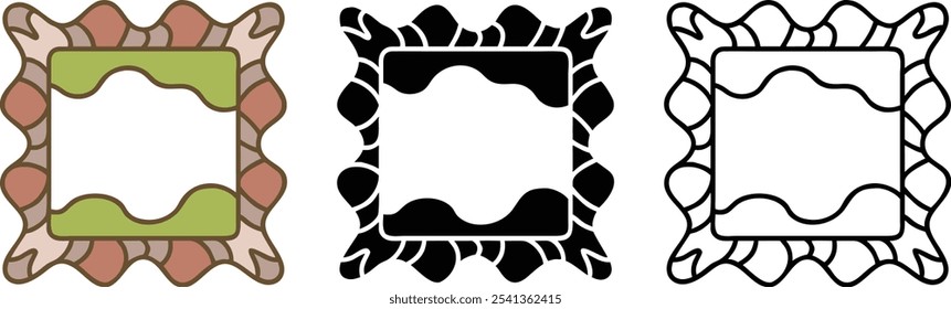 A imagem exibe três variações de um design de quadro abstrato com uma forma ondulada e orgânica com várias linhas e curvas. O primeiro quadro é colorido com tons de marrom, rosa e verde, enquanto o 