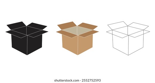 The image displays three variations of an open cardboard box: one in black, one in brown, and one in outline form. Each box is depicted in a simple, flat style.