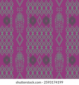 The image displays a traditional geometric textile pattern with intricate designs on a vibrant purple background.