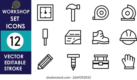 The image displays twelve workshop vector icons including clock, hammer, tape measure, grinder, chisel, wood plank, boot, helmet, pencil, screw, toolbox, and glove