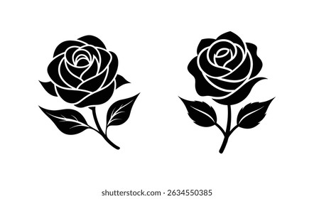 La Imagen muestra dos siluetas florales de color rosa negro con arreglos de pétalos detallados, subgrupos y hojas, aisladas contra un fondo blanco limpio y minimalista. Vector de recursos gráficos.