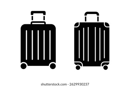 Image displays two black wheeled suitcases with retractable handles. The designs have vertical line patterns. The suitcases rest on four wheels, set against a white backdrop.