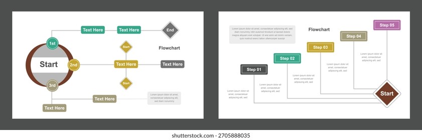 Image displays two colorful flowchart templates side-by-side, featuring start and end points, text boxes, and numbered steps for representing a process or workflow.