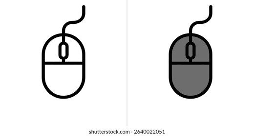 Image displays two computer mouse icons, one outlined in black on white, the other solid gray with black outline. Both feature cables and minimalist design aesthetics.