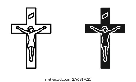 The image displays two crucifix designs side by side, showcasing a traditional white-on-black silhouette of Jesus on the cross on the left and a modern black-on-white inverted silhouette on the right. Both designs emphasize the figure of Jesus crucified with minimalistic and stylized lines, highlighting the contrast between classical and contemporary artistic interpretations.